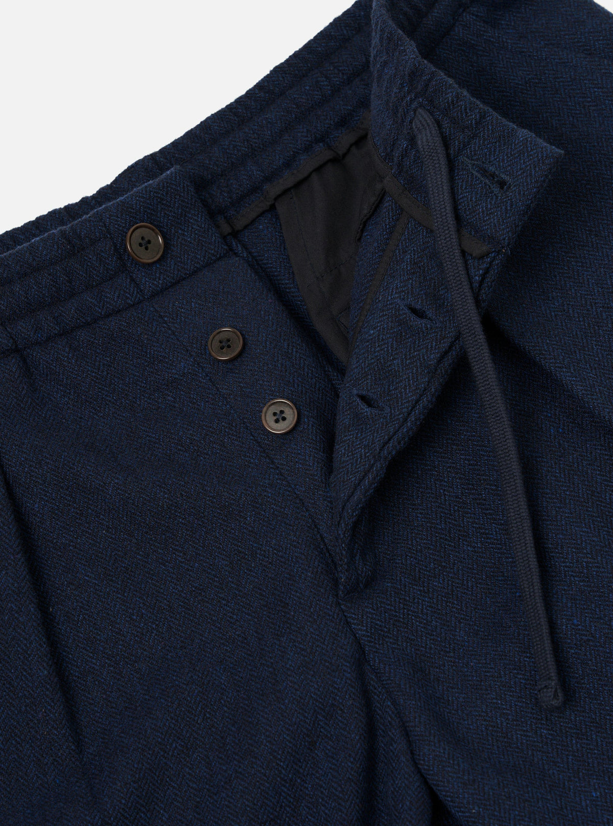 PLEATED TRACK PANT WOOL HERRINGBONE NAVY