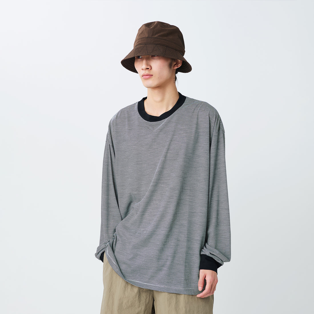 SUMMER WOOL STRIPE L/S T-SHIRT BLACK