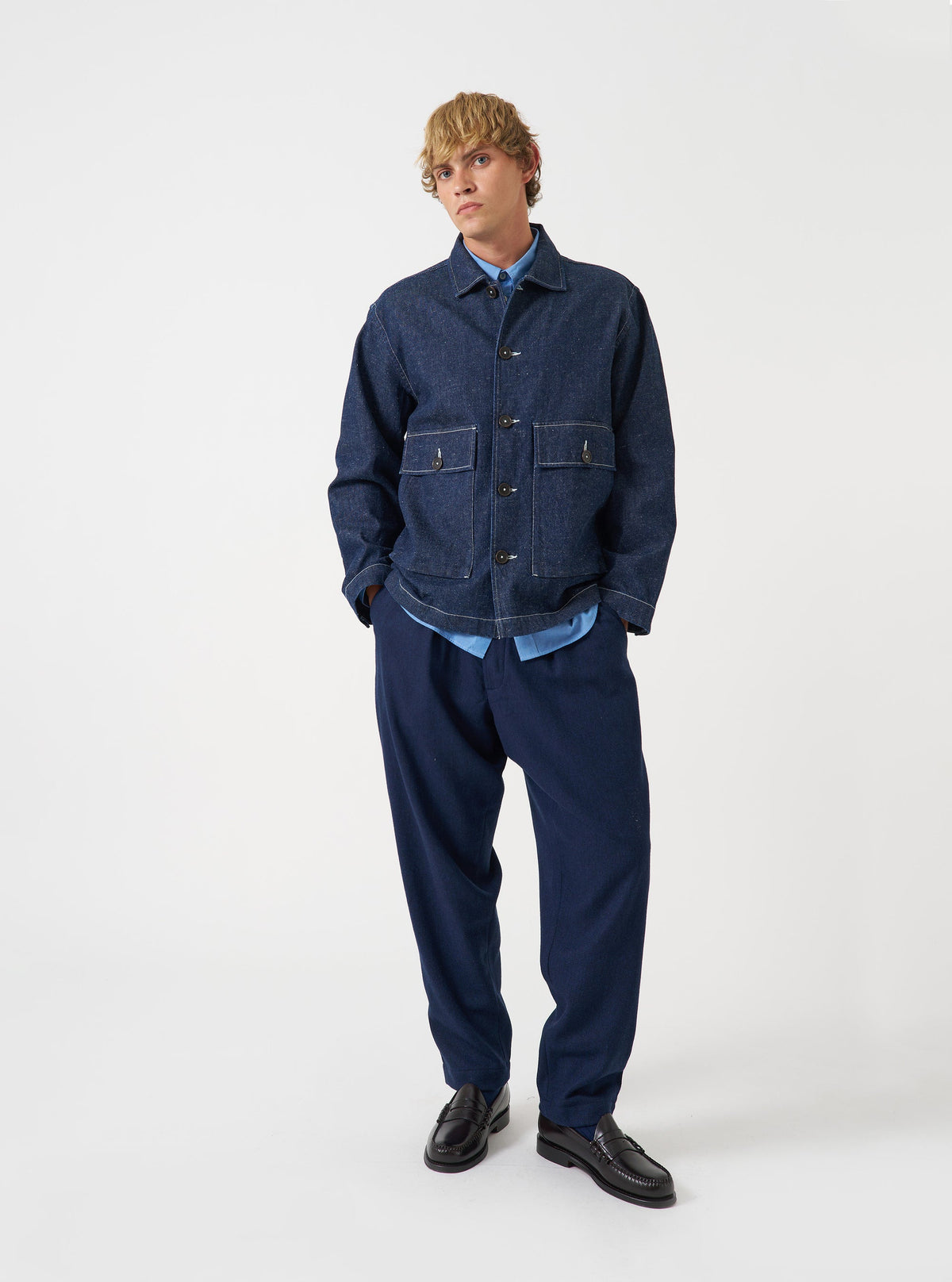 PLEATED TRACK PANT WOOL HERRINGBONE NAVY