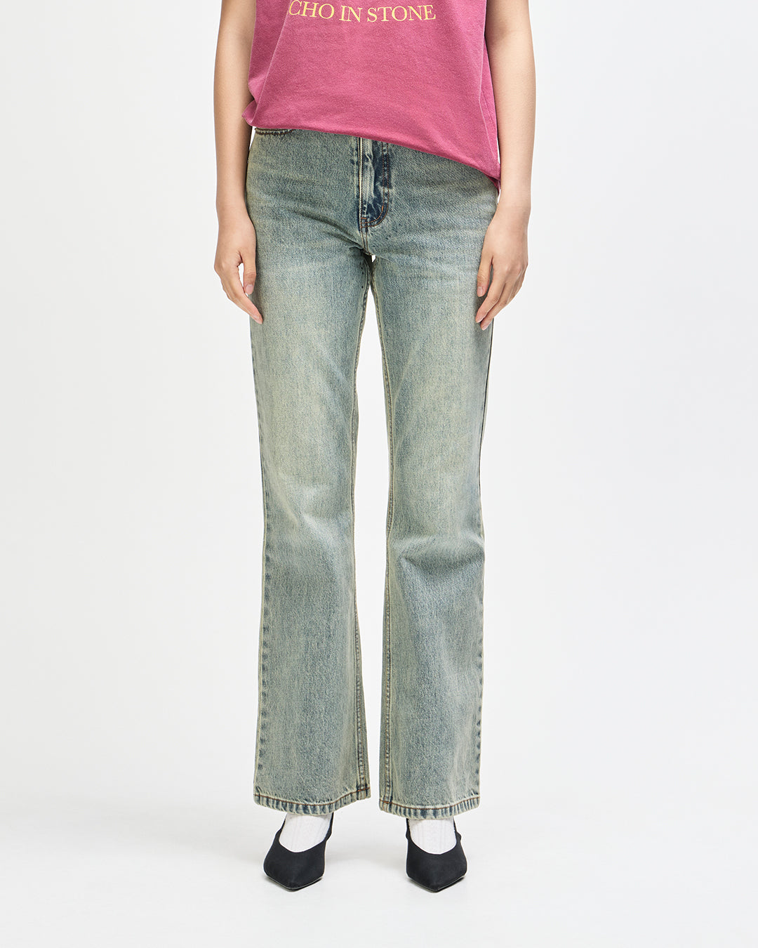 CURVE LINE BOOTCUT JEAN DIRTY DENIM