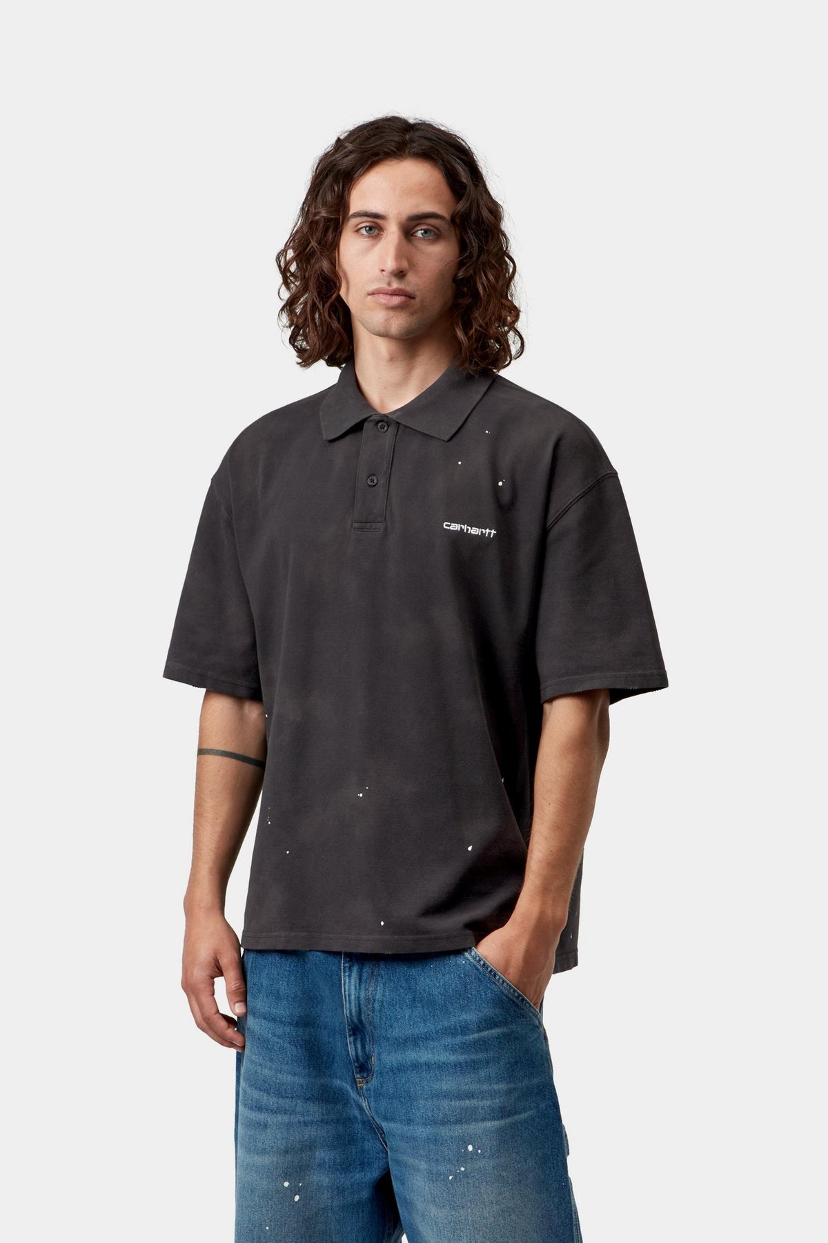 S/S PAINTER POLO BLACK DESTROY WASH SPLATTER