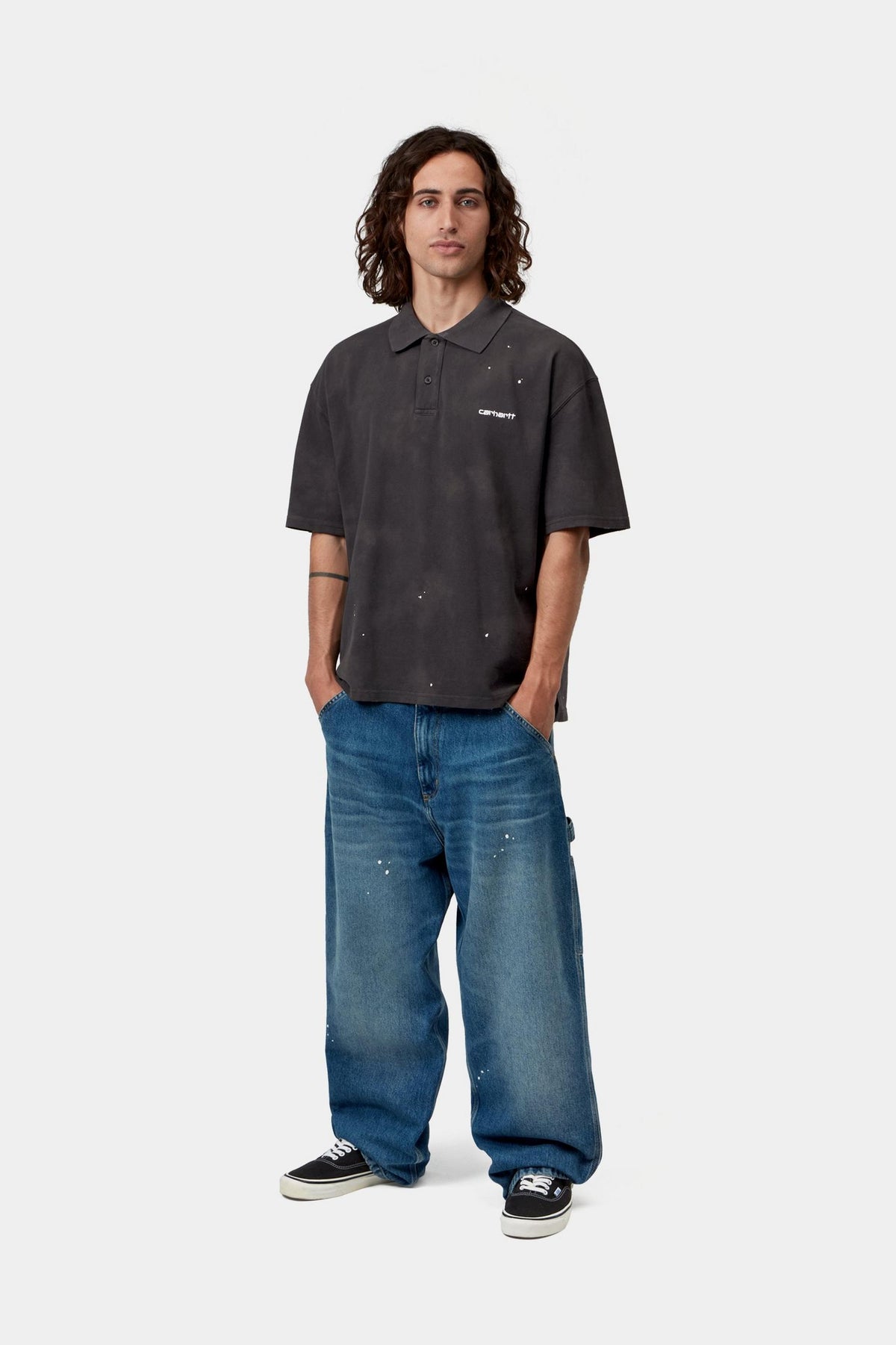 S/S PAINTER POLO BLACK DESTROY WASH SPLATTER