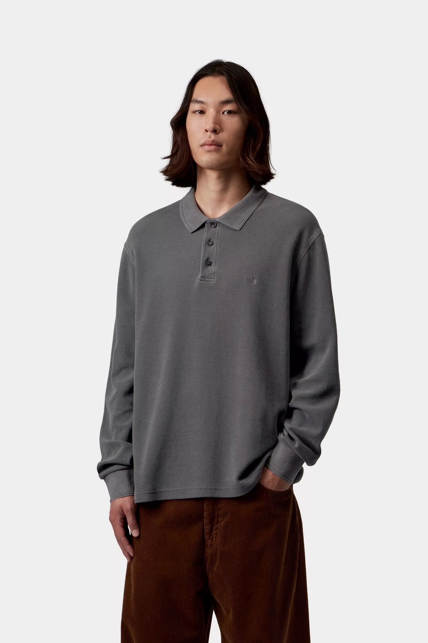 L/S WAFFLE RUGBY SHIRT BLACK GARMENT DYED
